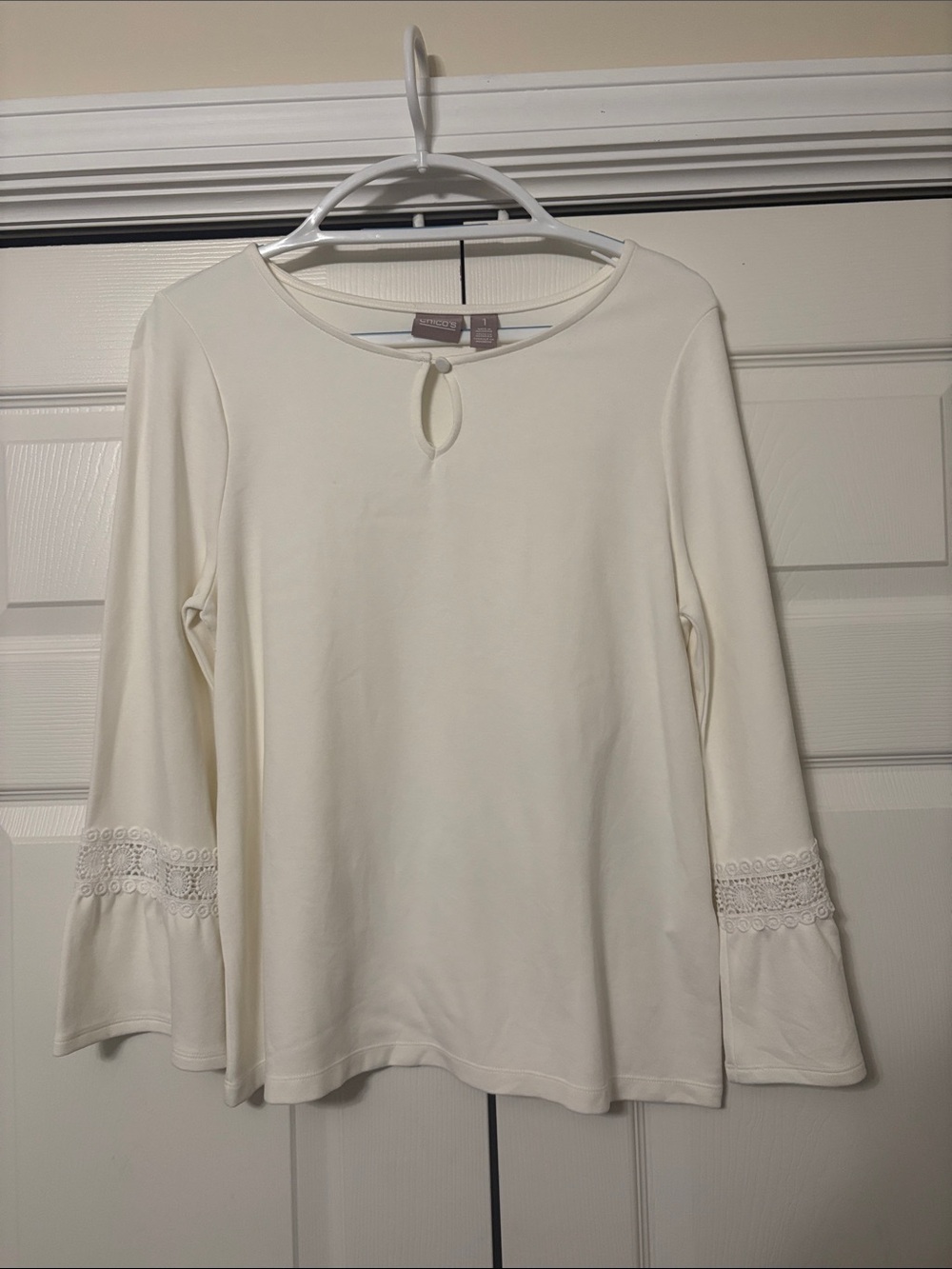 Chico's Cream Long-Sleeve Keyhole Top with Crochet Bell Cuffs